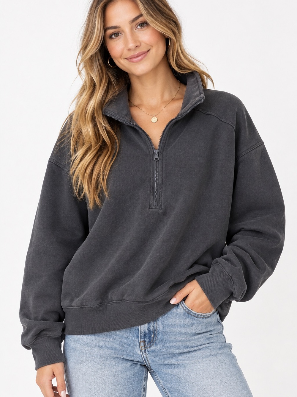 American Eagle Lived-In Charcoal Quarter Zip Pullover Sweatshirt Relaxed Fit.